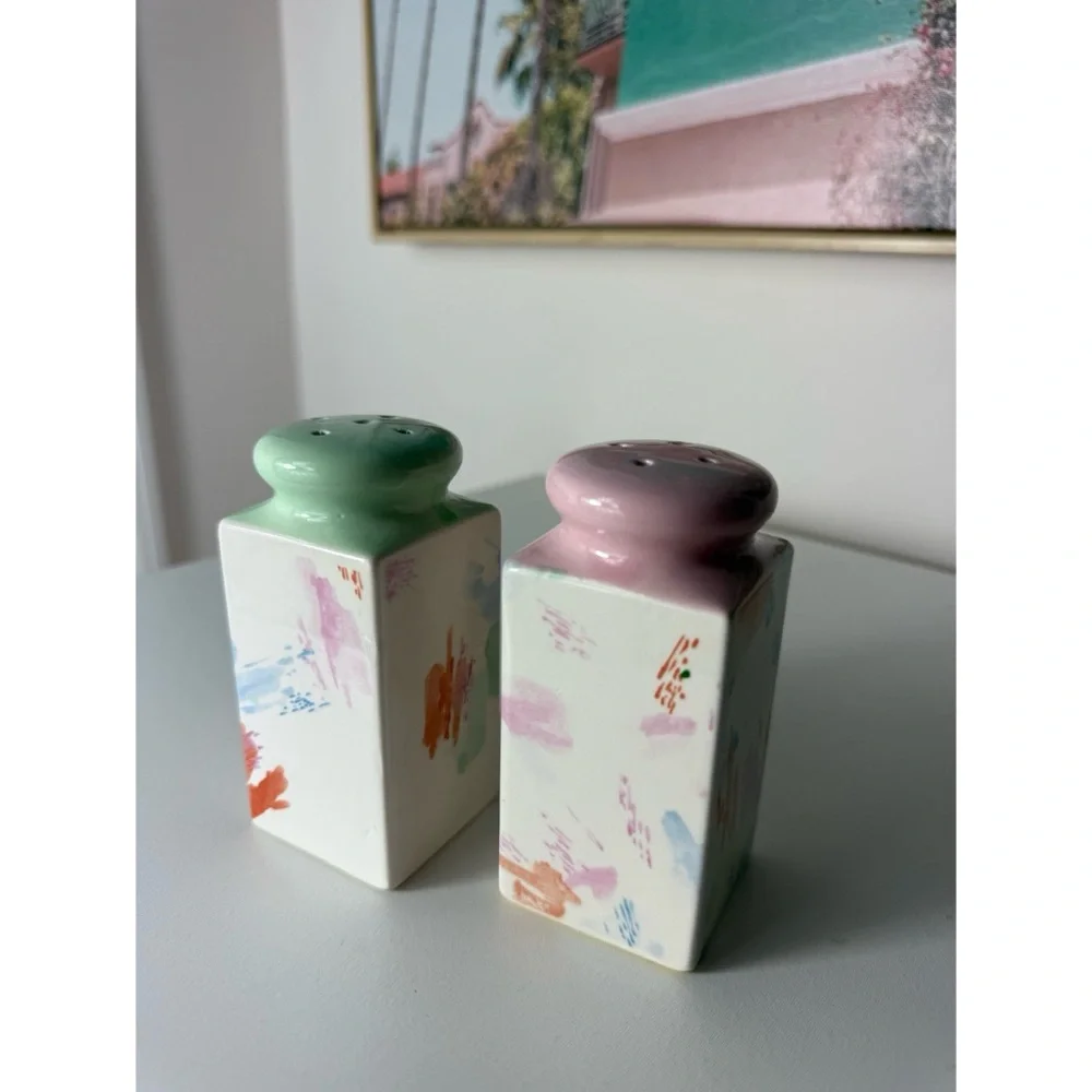 Vintage Pastel Abstract Art Salt & Pepper Shakers Japan Pink Green White Ceramic
